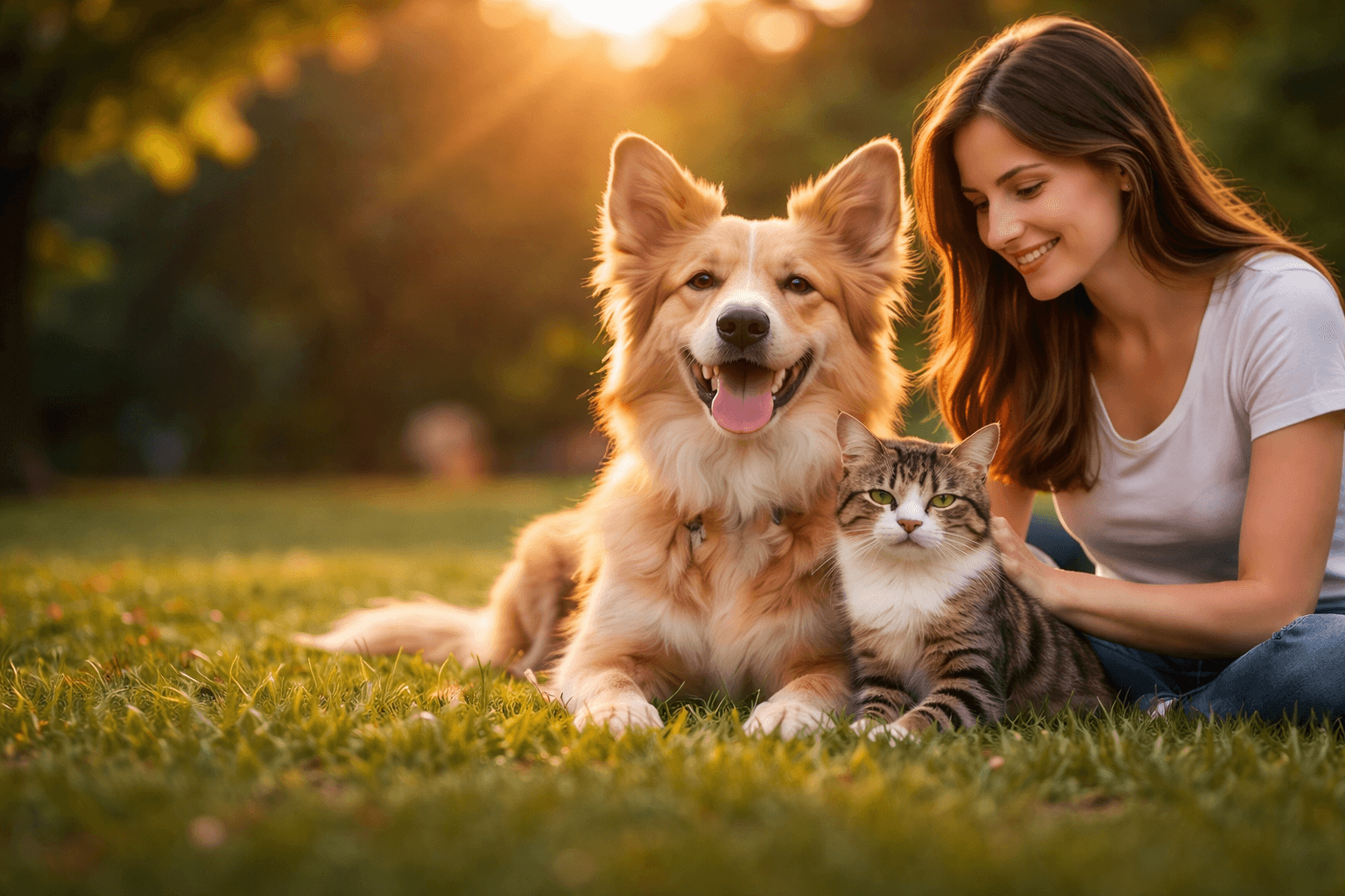 Pessoa com cachorros e gatos no gramado